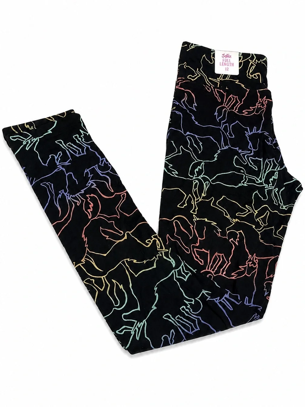 NWT JUSTICE Girls Unicorn Full Length Leggings | Size 12 | Rainbow Outline Print
